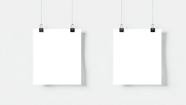 Two blank square paper posters hanging from strings with black metal binder clips