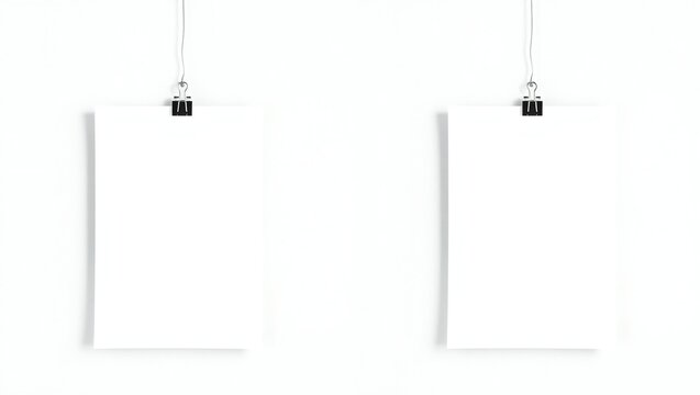 Two empty paper sheets hanging from strings with black metal binder clips