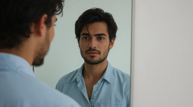 Personal identity growth concept showing anonymous young man facing mirror