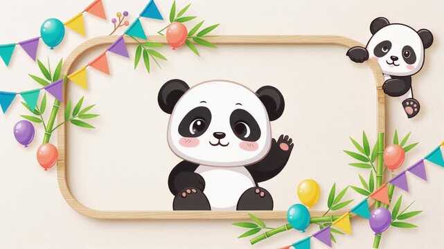 Cute panda frame with colorful party balloons, bunting flags, and bamboo leaves background for copy space