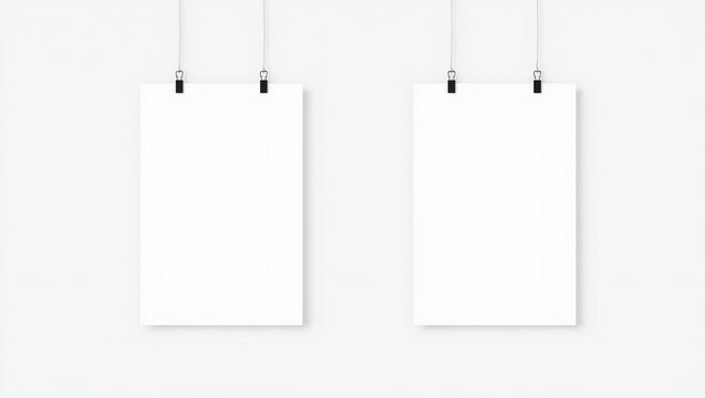 Two empty paper posters hanging with black clips on a wall