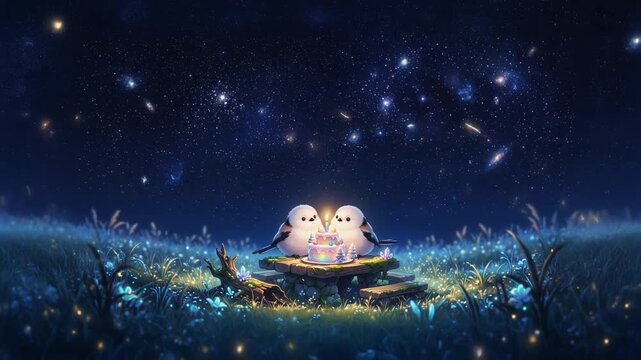 A pair of Japanese titmice celebrating a birthday together around a cake under the starry sky