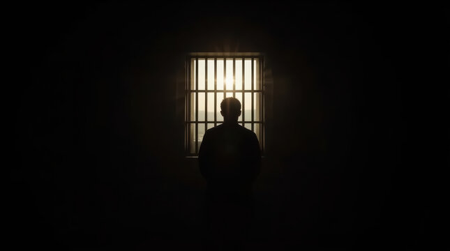 Silhouette prisoner behind barred window in dark cell evokes isolation and confinement
