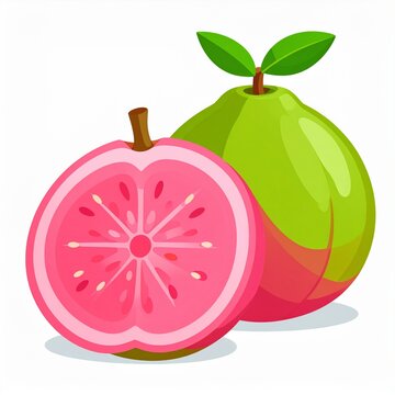 A vibrant illustration depicts a whole green guava alongside a sliced pink guava fruit.