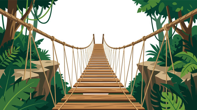 Perspective View of a Wooden Plank Rope Suspension Bridge Stretching Over a Deep Jungle Ravine Between Cliffs with Lush Tropical Foliage and Vines, Vector Illustration