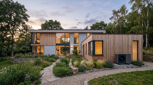 Modern sustainable house designed for Energy Retrofit showcasing innovative wood cladding and eco friendly landscaping
