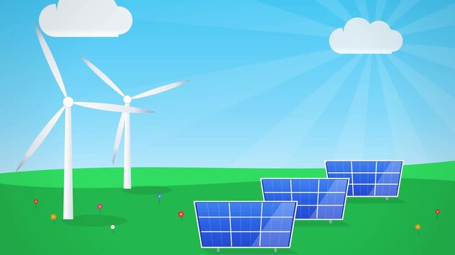 Renewable Energy Animated Concept: Wind Turbines and Solar Panels in Green Field