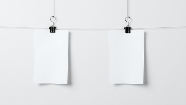 Two blank white paper sheets hanging on a string with black metal binder clips