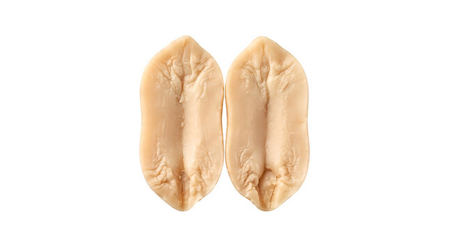 Roasted peanut halves isolated on white background, two peeled peanut kernels, organic salty snack ingredients for food packaging