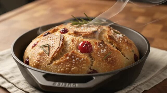 Freshly baked artisanal sourdough bread steaming in a black cast iron skillet with rosemary sprigs and sea salt on a wooden kitchen table for culinary background footage.