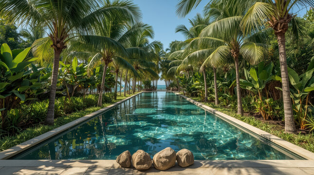 Tropical infinity pool palm garden turquoise water
