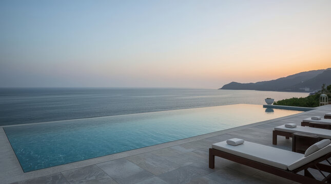 Serene infinity pool overlooking tropical bay at sunset with tranquil coastal elegance