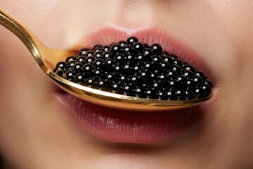 Obraz premium Woman eats black caviar from gold spoon. Close up macro shot of lips tasting luxury seafood delicacy. Healthy fish roe offering rich flavour and fresh taste.