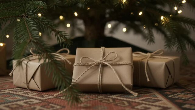 Wrapped gift boxes with twine bows placed under a Christmas tree with illuminated fairy lights and pine tree branches on a woven rug inside a residential living room setting.