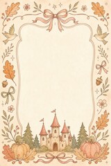 Fototapeta premium Whimsical autumn castle frame with floral accents.