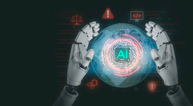 Robotic hands holding globe with AI chip concept. Global artificial intelligence governance, cyber security shield, ethics scale law, programming code, warning sign, and risk alert.