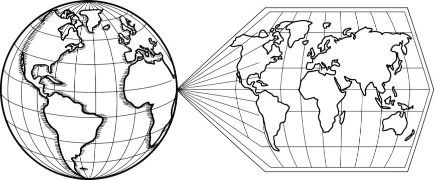 Globe projection onto a hexagonal map during a conceptual representation of global connectivity and data transfer