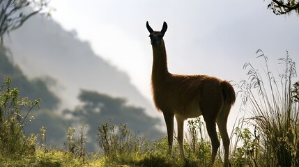 Fototapeta premium A solitary llama stands tall in a sunlit meadow with misty mountains in the background surrounded by tall grasses and trees