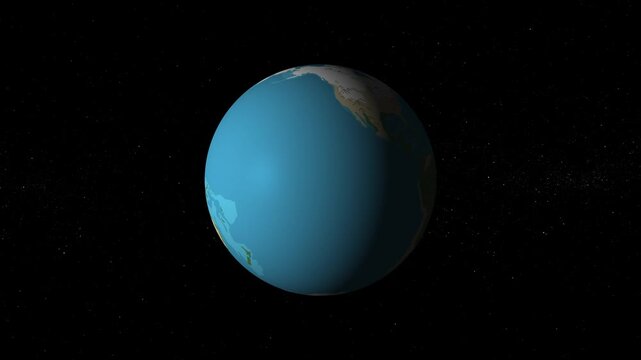 Stylized 3D planet earth rotating in dark space with stars.