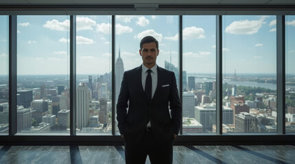 Fototapeta premium Successful businessman in suit overlooking city skyline with confidence and calm