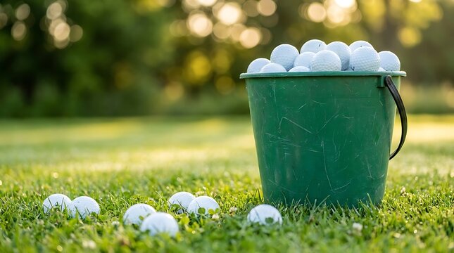 Green bucket full of white golf balls standing on lush green grass on driving range outdoors