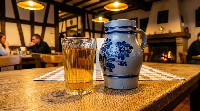 Beer glass and ceramic pitcher in tavern.
