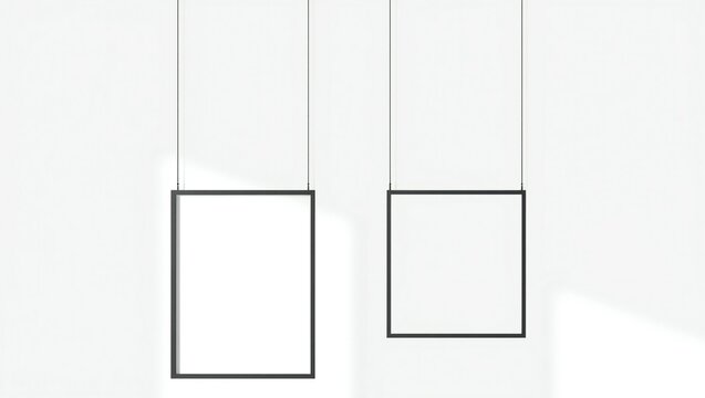 Two empty black picture frames hanging from the ceiling for art display