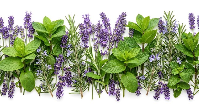 Fresh aromatic herbs banner with lavender flowers, mint leaves and rosemary sprigs isolated on white background