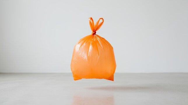 Orange plastic bag floating against plain white background.