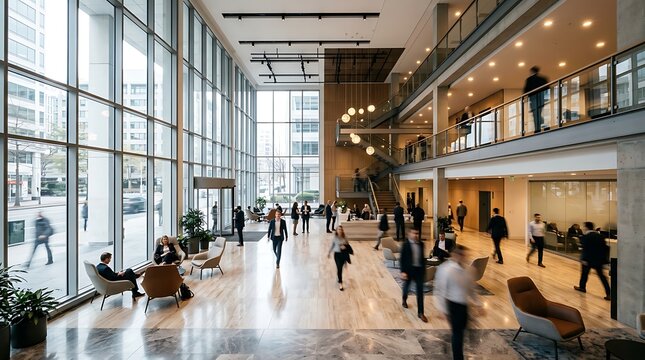 Busy corporate office lobby with people walking around large glass windows and modern interior design elements