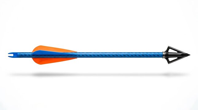 Crossbow arrow with blue carbon fiber shaft, orange fletching, and steel broadhead isolated on white background