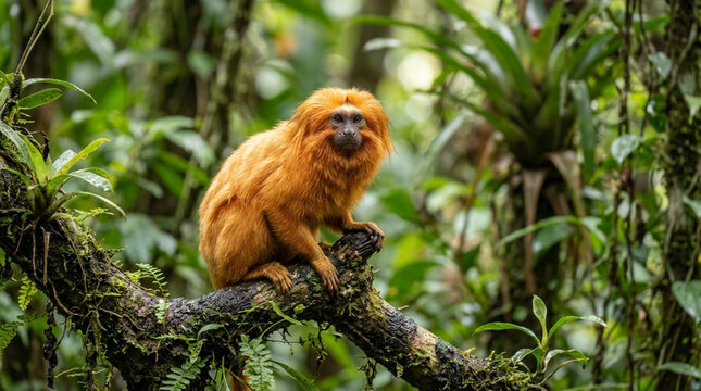Golden Lion Tamarin Monkey Perched on Tree Branch in Lush Amazon Rainforest Wildlife Nature Photography