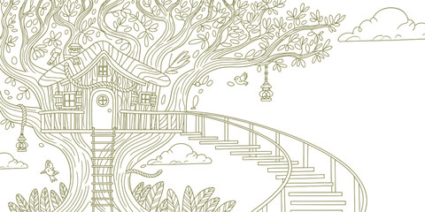Fototapeta premium Whimsical treehouse with spiral staircase during daytime with clouds and birds in a line art style