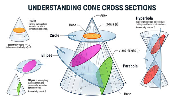 Mathematical illustration demonstrating the geometric creation of conic sections through plane intersections of a cone