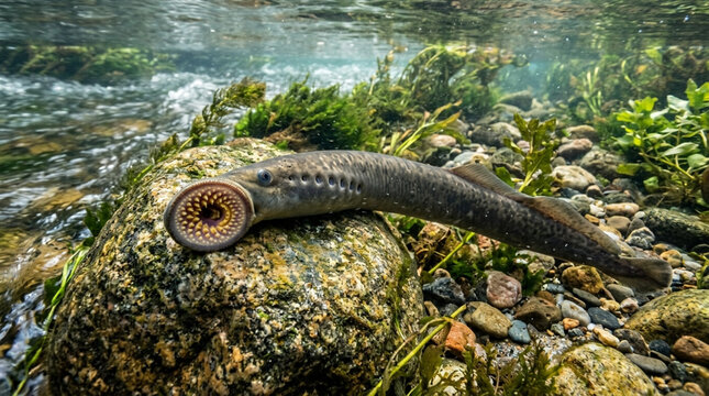 Lamprey Eel Resting on River Rock Underwater in Clear Freshwater Stream Habitat for Wildlife Editorial