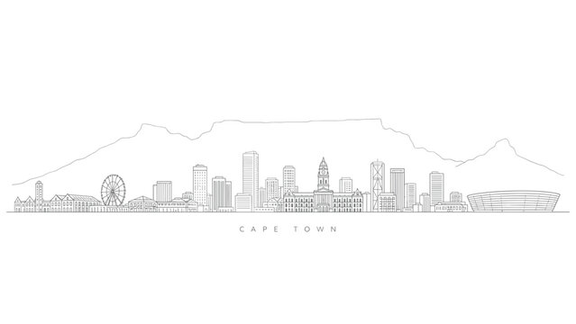 Cape Town skyline panorama with Table Mountain line art vector illustration