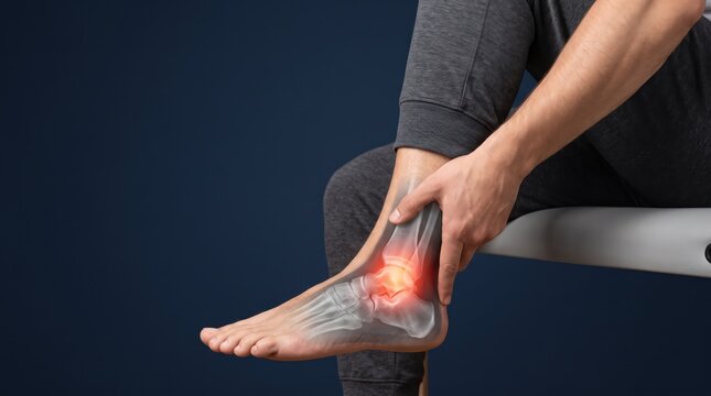 Ankle pain injury illustration with X-ray view, bone fracture and sprain concept showing human foot anatomy and joint inflammation in red glow.