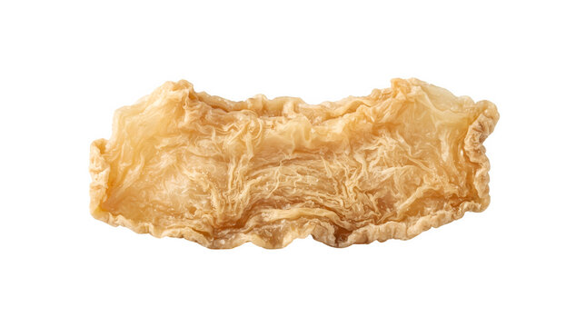 Crispy fried fish maw on white background, traditional Chinese dried seafood ingredient, golden textured fish stomach for soup and collagen health