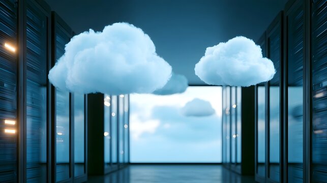 Modern server room with floating clouds symbolizing cloud computing and digital data storage infrastructure