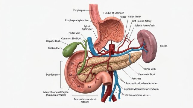 Detailed Medical Illustration of Human Digestive System Showing Stomach Spleen Pancreas Duodenum Gallbladder and Associated Vasculature Anatomy