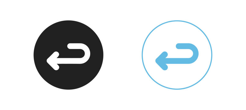 Send back icon collection, black and blue app interface symbols representing return, reply, navigation, undo, back actions, and digital controls.