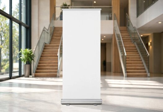 Blank white roll up banner mockup standing in a modern business lobby beside stairs, providing clean copy space for advertising, branding, promotion, or messaging.