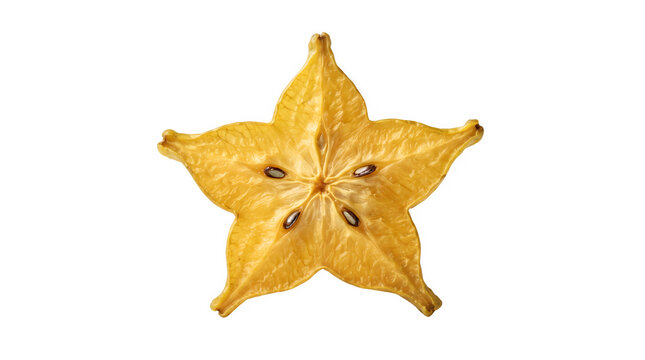 Star fruit slice isolated on white background, fresh yellow carambola cross section with seeds, organic tropical fruit for healthy food design