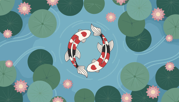 Artistic top down view of two red and white koi fish swimming in circular pond with green lily pads and lotus flowers.