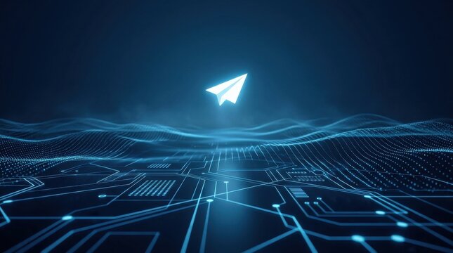 Digital Paper Plane Flying Over Futuristic Glowing Circuitry Landscape Representing Data Transmission and Innovation Concepts in Modern Technology