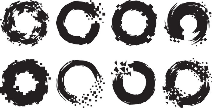 Eight black ink brush stroke circles featuring pixelated disintegration and geometric fragmentation on a white background for