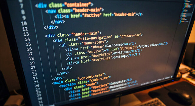Computer monitor displaying website source code with navigation menu elements on a dark screen with development code with screen displays lines