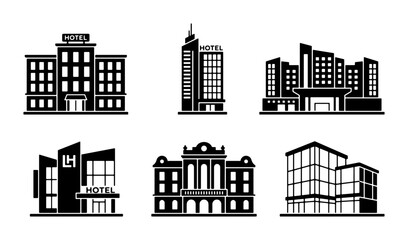 Fototapeta premium Hotel building icon set, modern architecture silhouettes, accommodation vector symbols