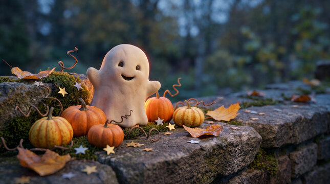 Cute small ghost character figurine with mini pumpkins and decorative stars on a rustic mossy stone wall for Halloween autumn