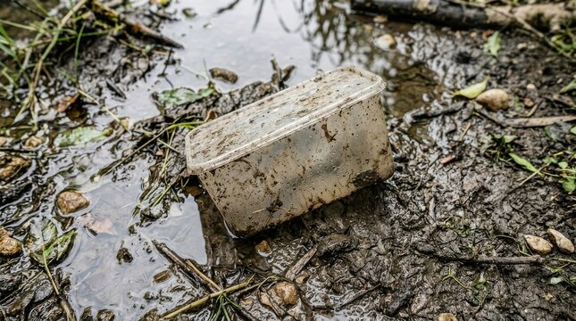 Discarded plastic container lying abandoned in dirty muddy ground highlighting environmental pollution and littering issues in nature